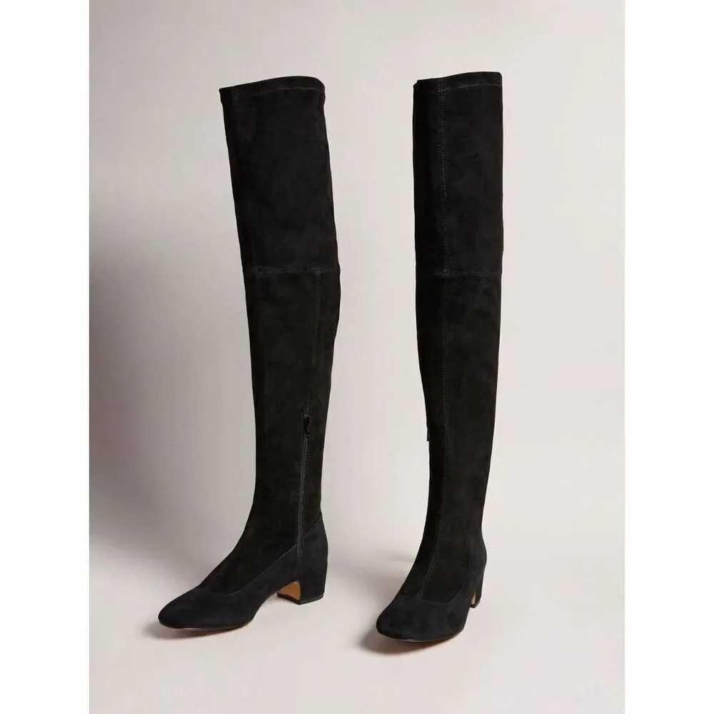 TED BAKER Ayannah Over The Knee Suede Stretch Leather Black Boots US Size 7 New